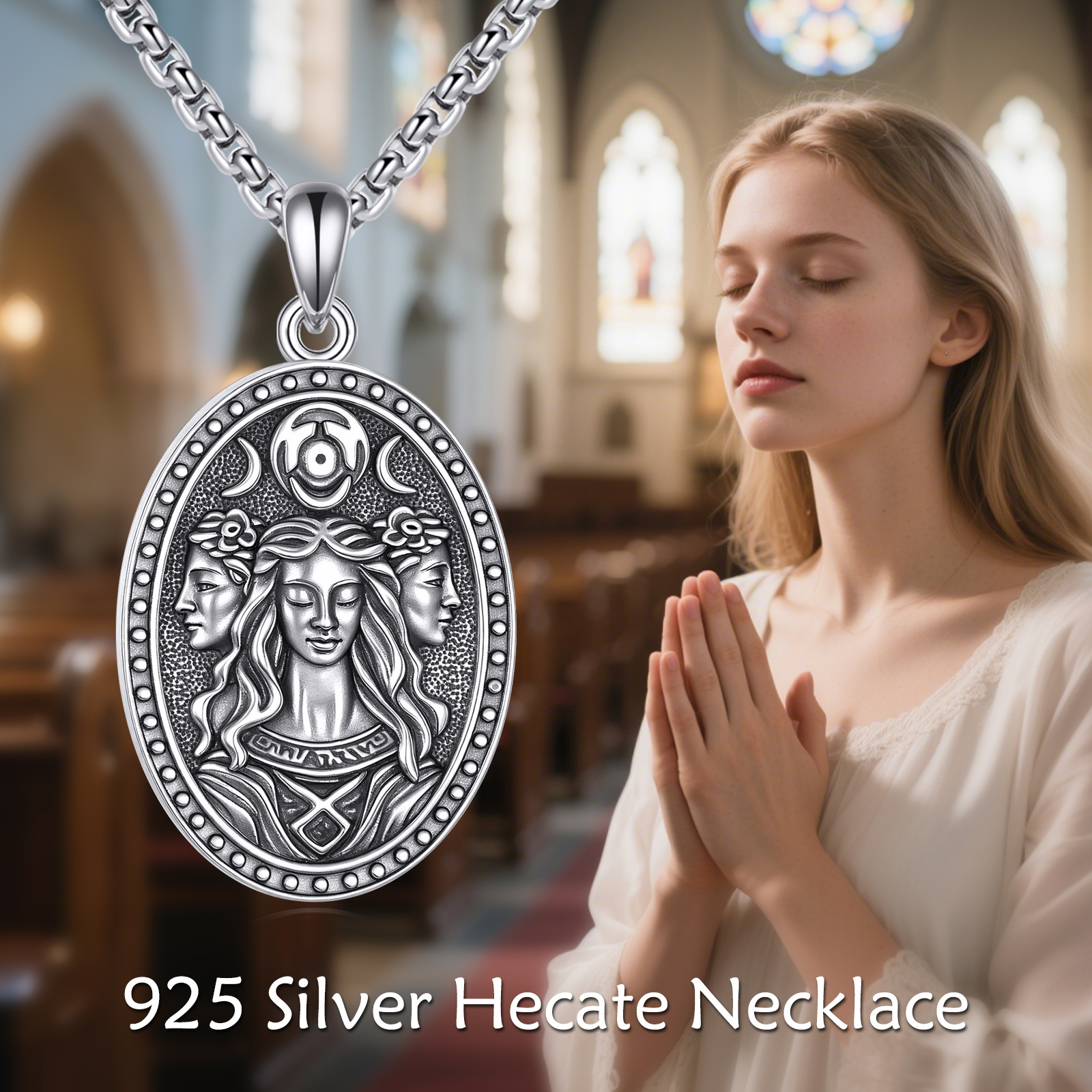 Women's 925 Sterling Silver Hecate Triple Goddess & Key Pendant Necklace